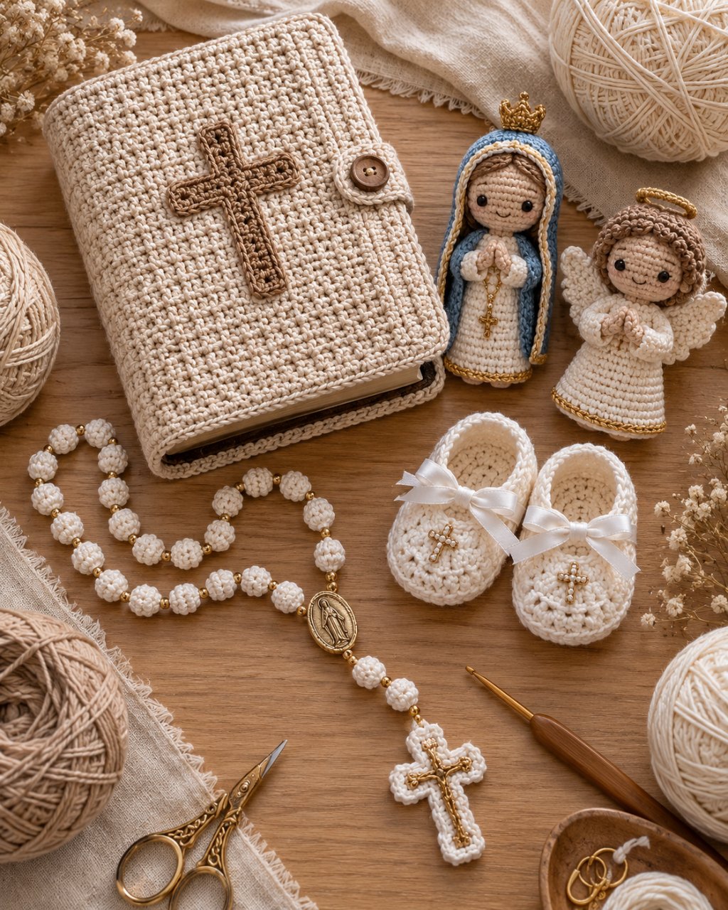 Peças de crochê católico: terço, porta-Bíblia, santinhos amigurumi e lembrancinha de batizado