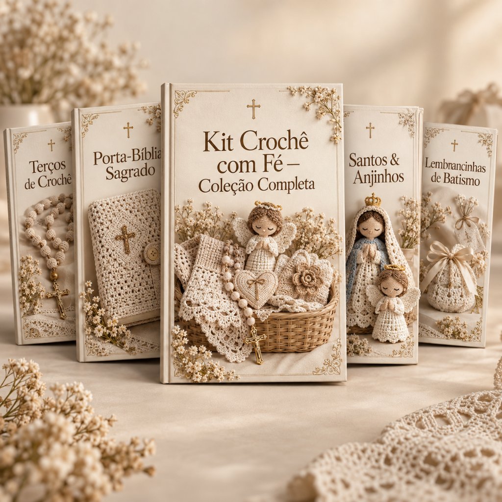 Mockup da Coleção Kit Crochê com Fé — capas de terços, porta-Bíblia, santos e lembrancinhas